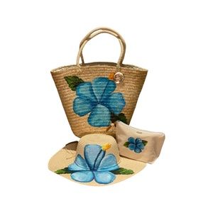 Floral Hand Painted Bag with Matching Hat & Makeup Bag !